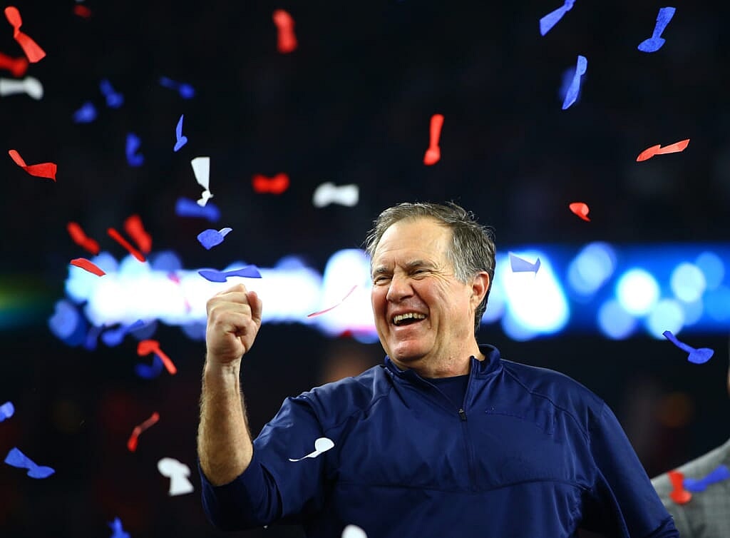 Feb 5, 2017; Houston, TX, USA; New England Patriots head coach Bill Belichick celebrates after defeating the Atlanta Falcons during Super Bowl LI at NRG Stadium. Mandatory Credit: Mark J. Rebilas-USA TODAY Sports