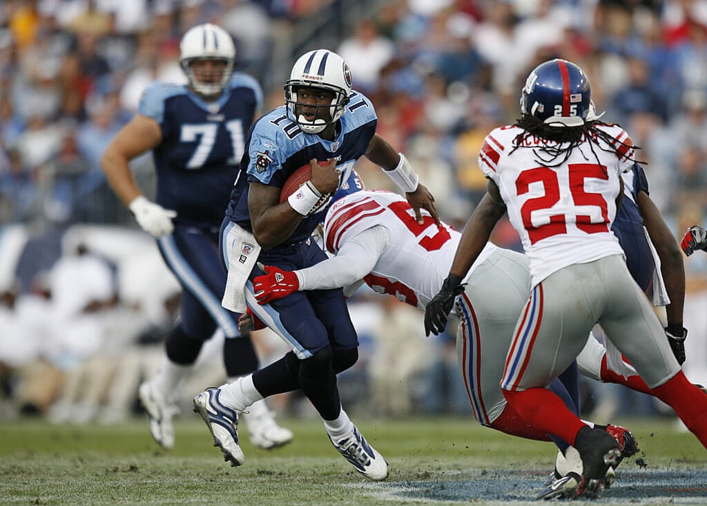 Tennessee Titans quarterback Vince Young tackled