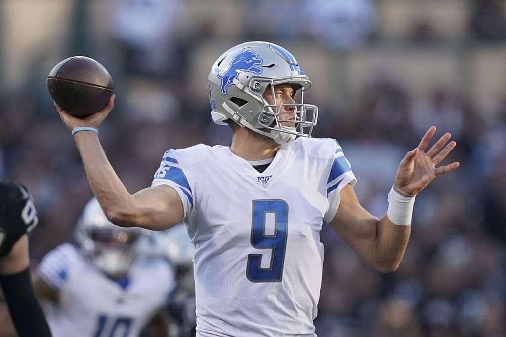 November 3, 2019; Oakland, CA, USA; Detroit Lions quarterback Matthew Stafford (9) passes the football against the Oakland Raiders during the fourth quarter at Oakland Coliseum. Mandatory Credit: Kyle Terada-USA TODAY Sports