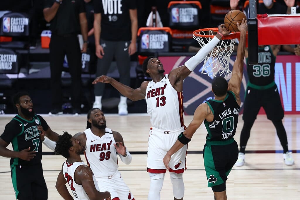 Miami Heat center Bam Adebayo blocks Boston Celtics forward Jayson Tatum