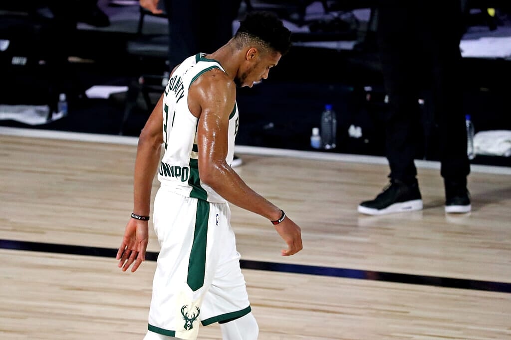 Milwaukee Bucks star Giannis Antetokounmpo walks off court