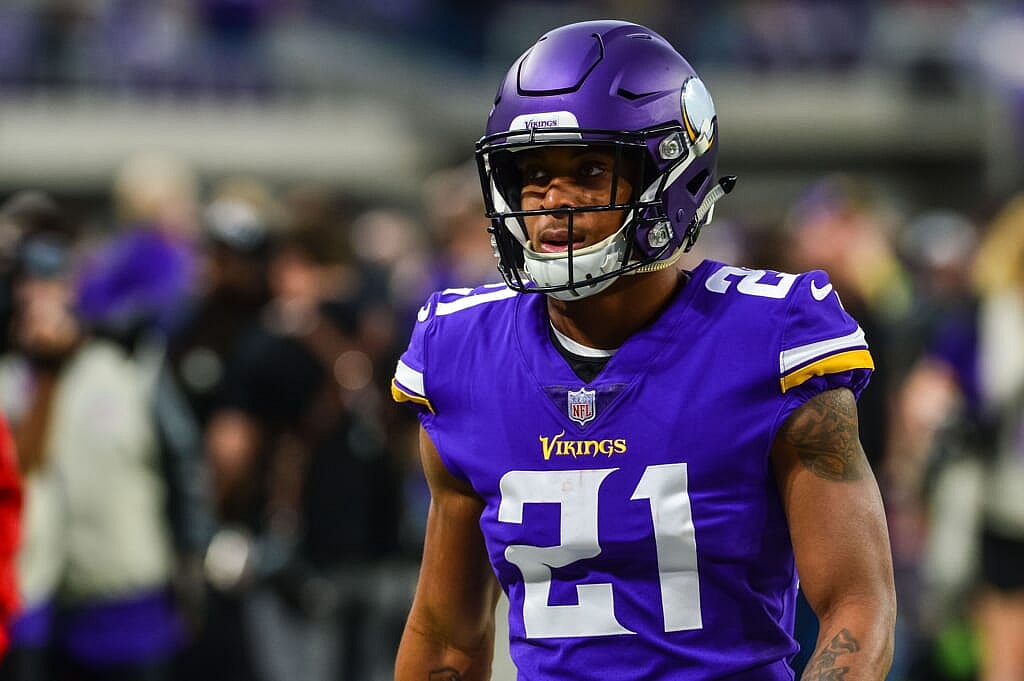 Oct 14, 2018; Minneapolis, MN, USA; Minnesota Vikings cornerback Mike Hughes (21) before the game between the Minnesota Vikings and the Arizona Cardinals at U.S. Bank Stadium. Mandatory Credit: Jeffrey Becker-USA TODAY Sports