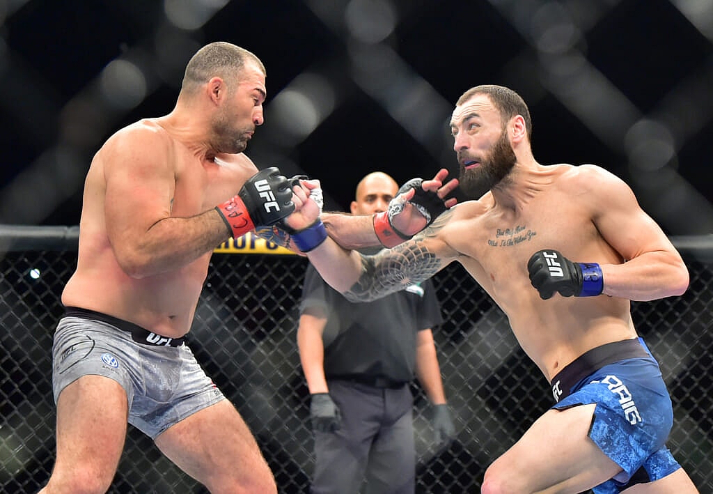 Nov 16, 2019; Sao Paolo, BRAZIL; Maurico Rua (red gloves) fights Paul Craig (blue gloves) during UFC Fight Night at Ginsasio do Ibirapuera. Mandatory Credit: Jason Da Silva-USA TODAY Sportsh