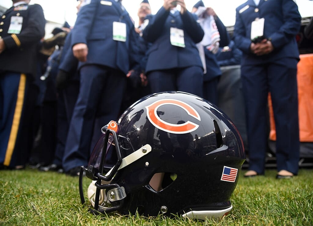 Nov 10, 2019; Chicago, IL, USA; A detailed view of the Chicago Bears helmet before the game against the Detroit Lions at Soldier Field. Mandatory Credit: Mike DiNovo-USA TODAY Sports