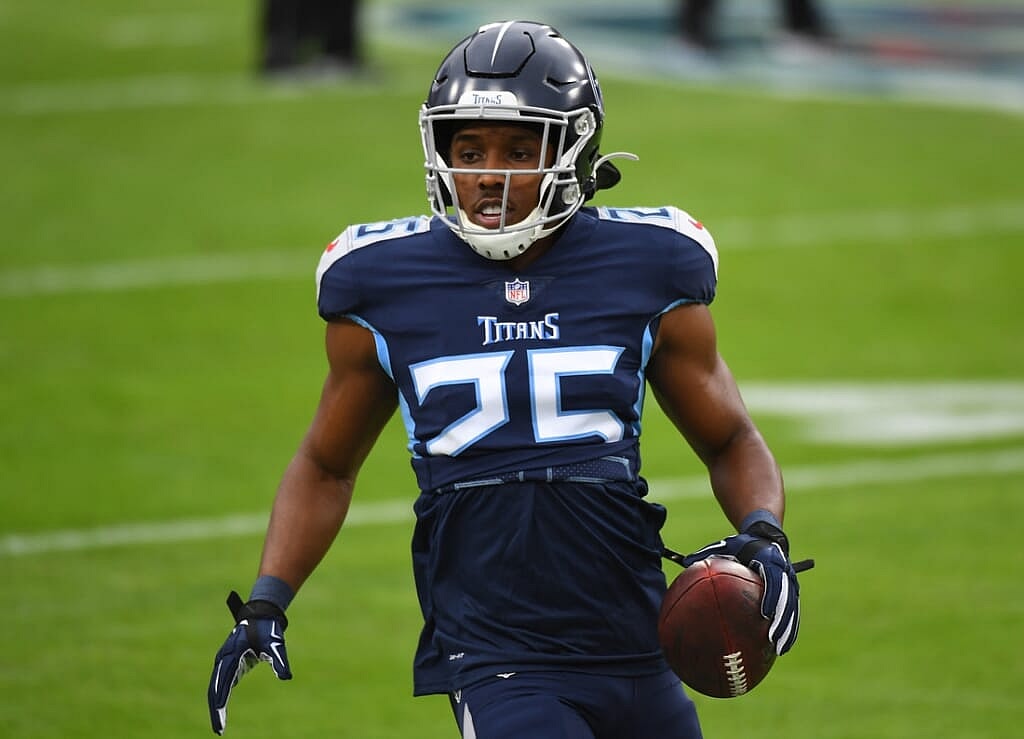 Dec 20, 2020; Nashville, Tennessee, USA; Tennessee Titans cornerback Adoree' Jackson (25) warms up before the game against the Detroit Lions at Nissan Stadium. Mandatory Credit: Christopher Hanewinckel-USA TODAY Sports