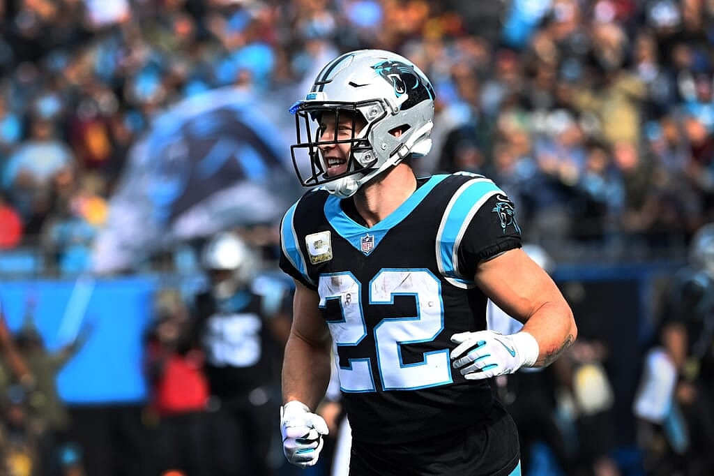 Nov 21, 2021; Charlotte, North Carolina, USA; Carolina Panthers running back Christian McCaffrey (22) reacts in the first quarter at Bank of America Stadium. Mandatory Credit: Bob Donnan-USA TODAY Sports
