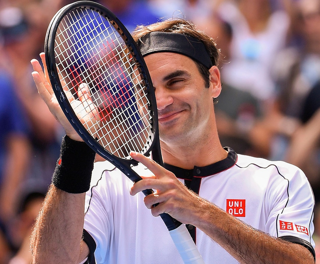 Sept 1, 2019; Flushing, NY, USA; Roger Federer of Switzerland reacts after beating David Goffin of Belgium in the fourth round on day seven of the 2019 U.S. Open tennis tournament at USTA Billie Jean King National Tennis Center. Mandatory Credit: Robert Deutsch-USA TODAY Sports