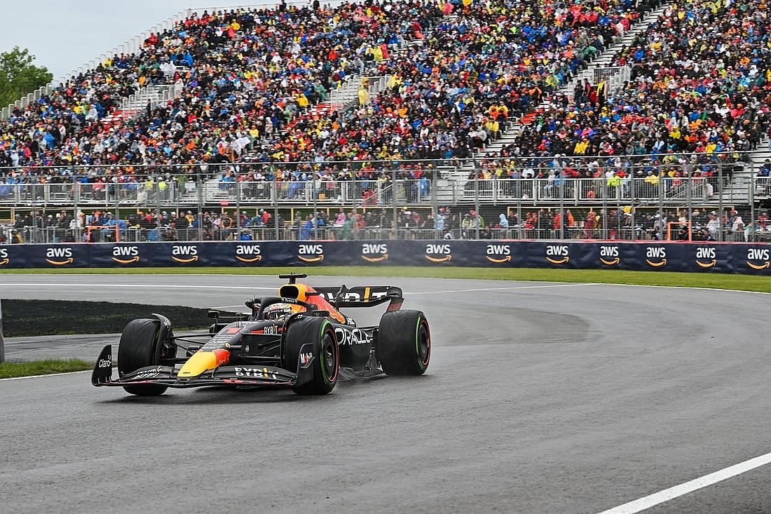 Jun 18, 2022; Montreal, Quebec, CAN; Red Bull Racing driver Max Verstappen of The Netherlands exits the senna turns during the qualifying session at Circuit Gilles Villeneuve. Mandatory Credit: David Kirouac-USA TODAY Sports