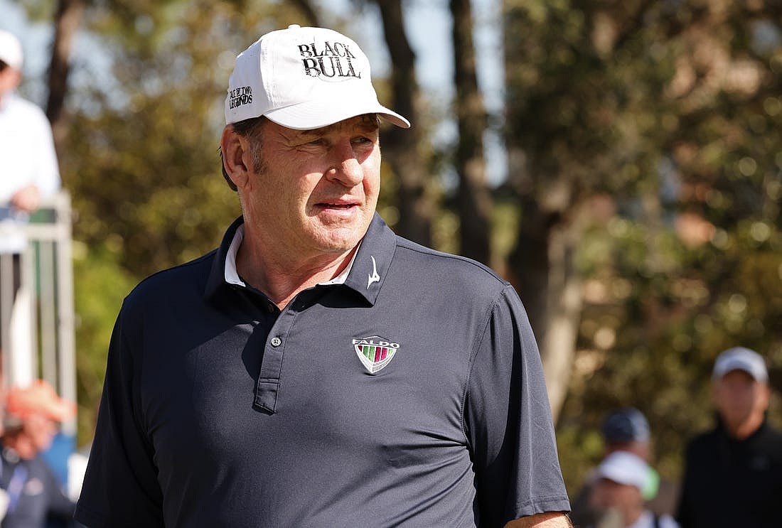 Dec 17, 2022; Orlando, Florida, USA; Sir Nick Faldo walks on the first tee during the first round of the PNC Championship golf tournament at Ritz Carlton Golf Club Grande Lakes Orlando Course. Mandatory Credit: Reinhold Matay-USA TODAY Sports