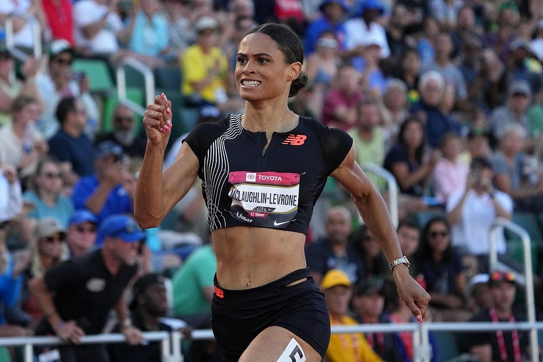 Jul 8, 2023; Eugene, OR, USA; Sydney McLaughlin-Levrone wins the women