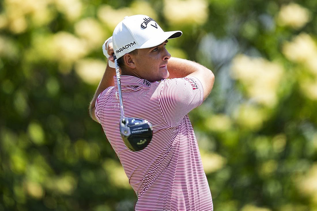 Jun 4, 2023; Dublin, Ohio, USA; Christiaan Bezuidenhout plays his shot from the 15th tee during the final round of the Memorial Tournament golf tournament at the Muirfield Village Golf Club. Mandatory Credit: Aaron Doster-USA TODAY Sports