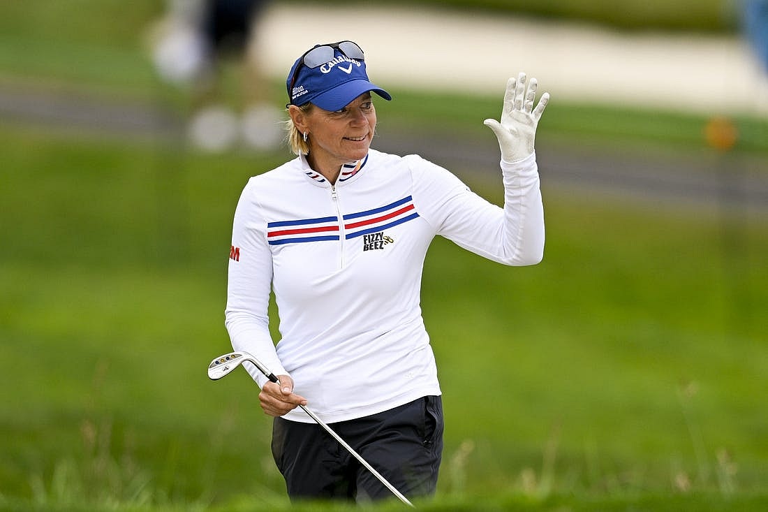 Jul 6, 2023; Pebble Beach, California, USA; Annika Sorenstam reacts after her bunker shot on the 13th hole during the first round of the U.S. Women
