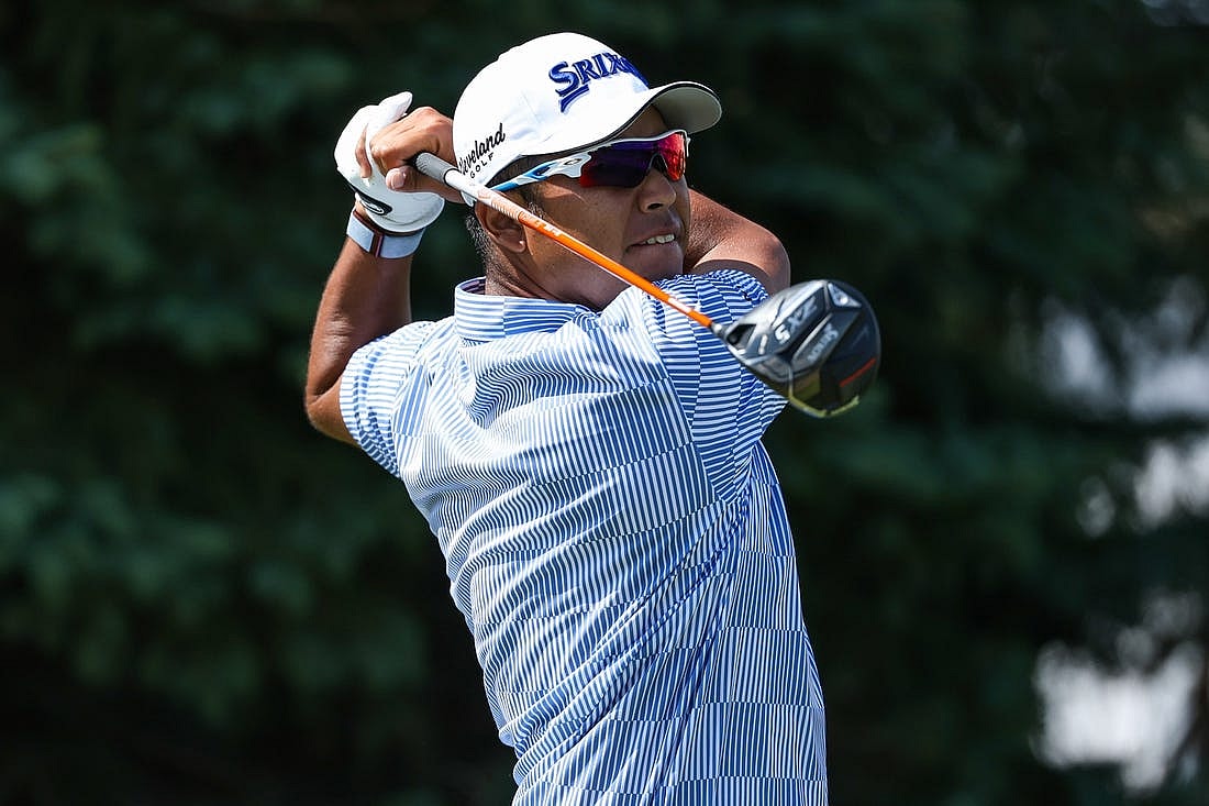 Jul 29, 2023; Blaine, Minnesota, USA; Hideki Matsuyama hits his tee shot on the second hole during the third round of the 3M Open golf tournament. Mandatory Credit: Matt Krohn-USA TODAY Sports