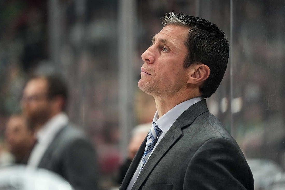 Feb 12, 2022; Saint Paul, Minnesota, USA; Carolina Hurricanes head coach Rod Brind   Amour during a game between the Minnesota Wild and Carolina Hurricanes at Xcel Energy Center. Mandatory Credit: Brace Hemmelgarn-USA TODAY Sports