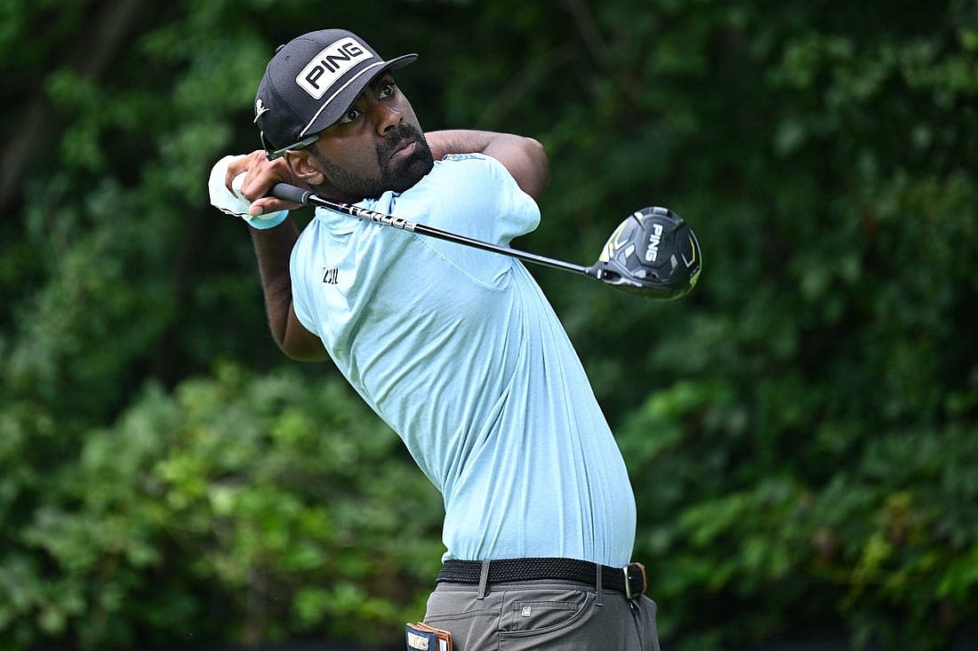 Aug 17, 2023; Olympia Fields, Illinois, USA; Sahith Theegala tees off from the second tee during the first round of the BMW Championship golf tournament. Mandatory Credit: Jamie Sabau-USA TODAY Sports