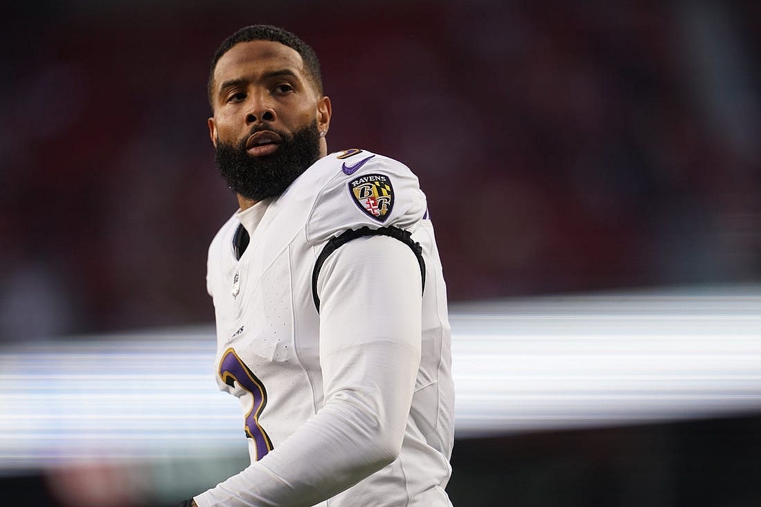 Dec 25, 2023; Santa Clara, California, USA; Baltimore Ravens wide receiver Odell Beckham Jr. (3) stands on the field before the start of the game against the San Francisco 49ers at Levi