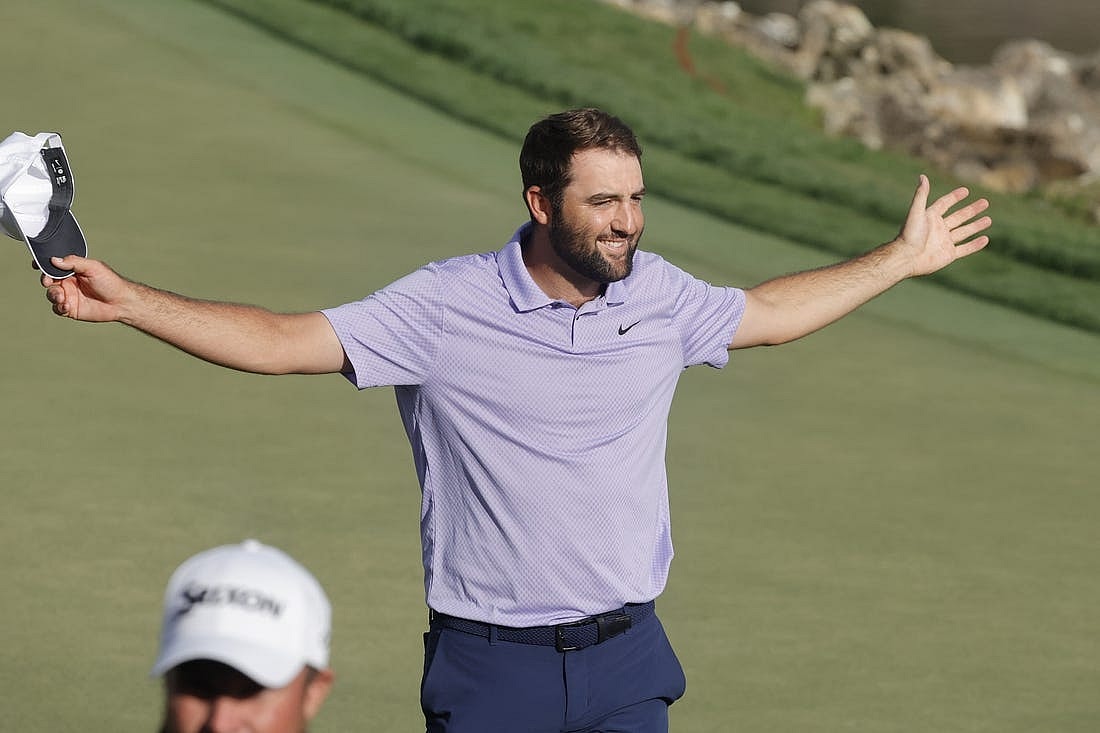 Mar 10, 2024; Orlando, Florida, USA;  Scottie Scheffler celebrates after he won the Arnold Palmer Invitational golf tournament. Mandatory Credit: Reinhold Matay-USA TODAY Sports