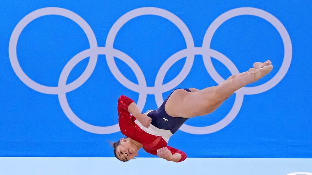Jul 27, 2021; Tokyo, Japan; Sunisa Lee (USA) competes on the floor in the women's team final during the Tokyo 2020 Olympic Summer Games at Ariake Gymnastics Centre. Mandatory Credit: Robert Deutsch-USA TODAY Sports