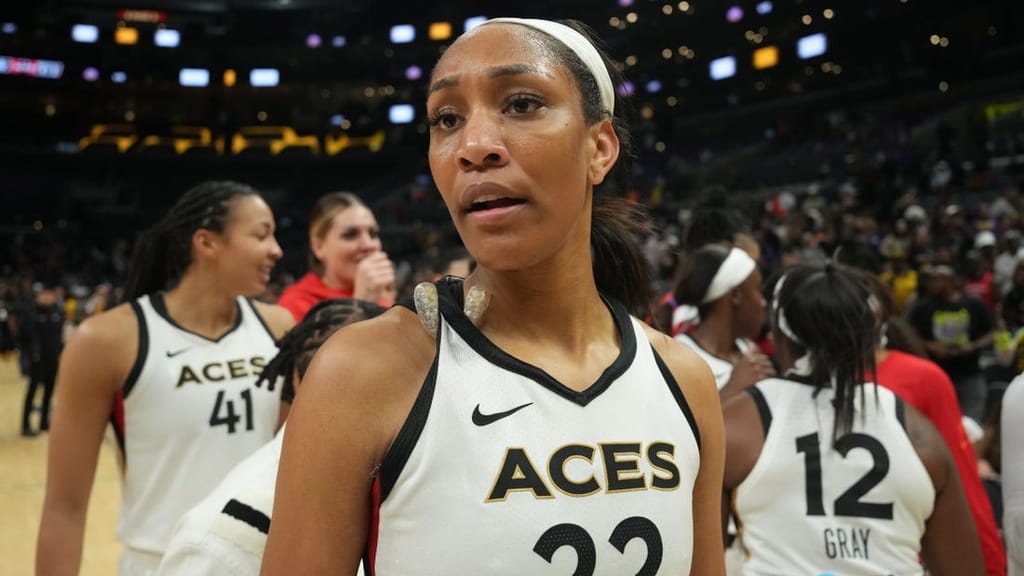 May 25, 2023; Los Angeles, California, USA;Las Vegas Aces forward A'ja Wilson (22) reacts after the game against the LA Sparks at Crypto.com Arena. Mandatory Credit: Kirby Lee-USA TODAY Sports