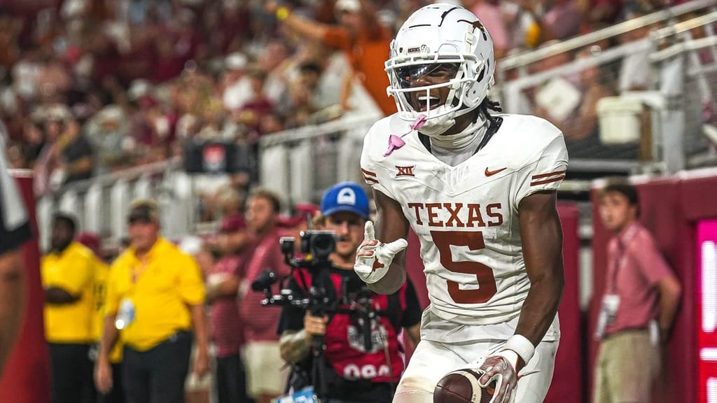 Sep. 9, 2023; Tuscaloosa, Alabama; Texas Longhorns wide receiver Adonai Mitchell (5) celebrates a touchdown against Alabama at Bryant-Denny Stadium on Saturday, Sep. 9, 2023 in Tuscaloosa, Alabama. Mandatory Credit: Aaron E. Martinez-USA TODAY NETWORK
