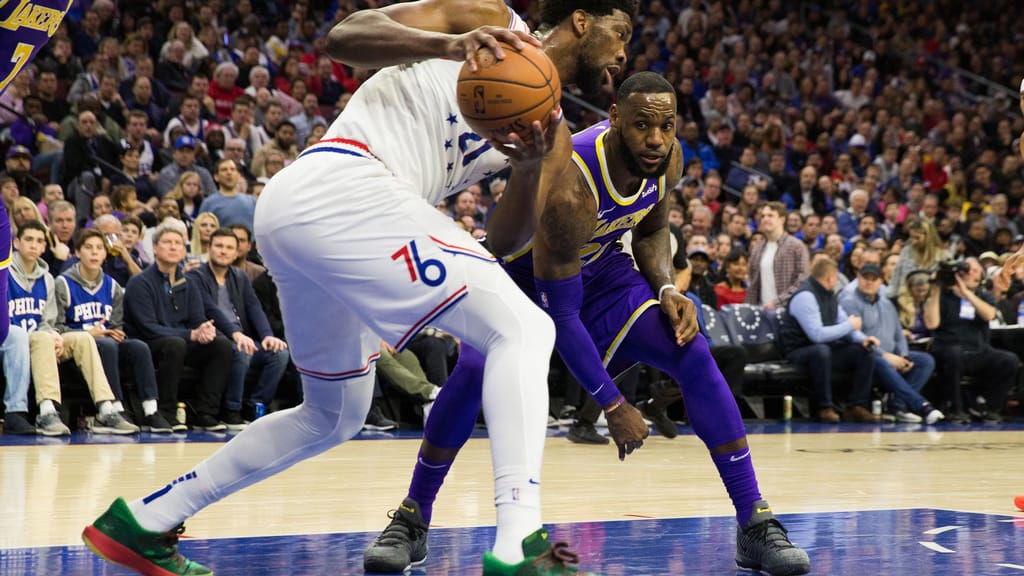 Los Angeles Lakers' LeBron James, Philadelphia 76ers' Joel Embiid