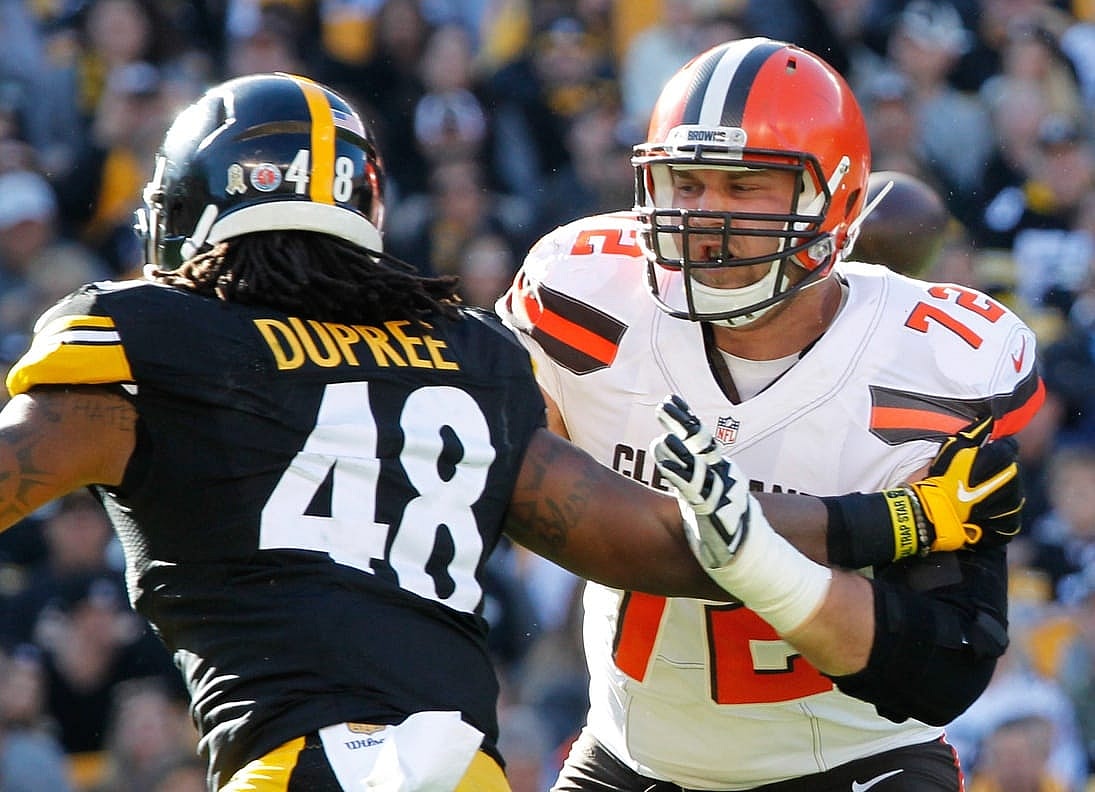 Nov 15, 2015; Pittsburgh, PA, USA; Cleveland Browns tackle Mitchell Schwartz (72) blocks at the line of scrimmage against Pittsburgh Steelers linebacker Bud Dupree (48) during the first quarter at Heinz Field. The Steelers won 30-9. Mandatory Credit: Charles LeClaire-USA TODAY Sports