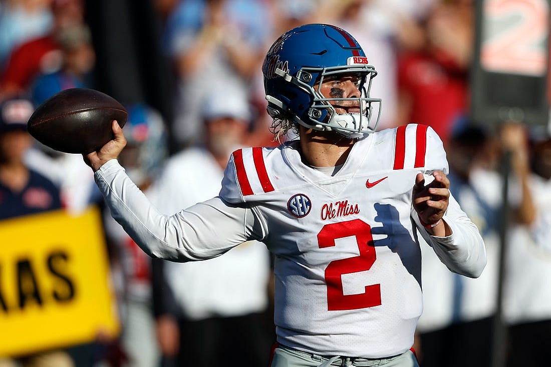 Sep 23, 2023; Tuscaloosa, Alabama, USA; Mississippi Rebels quarterback Jaxson Dart (2) against the Alabama Crimson Tide during the second half of a football game at Bryant-Denny Stadium. Mandatory Credit: Butch Dill-USA TODAY Sports