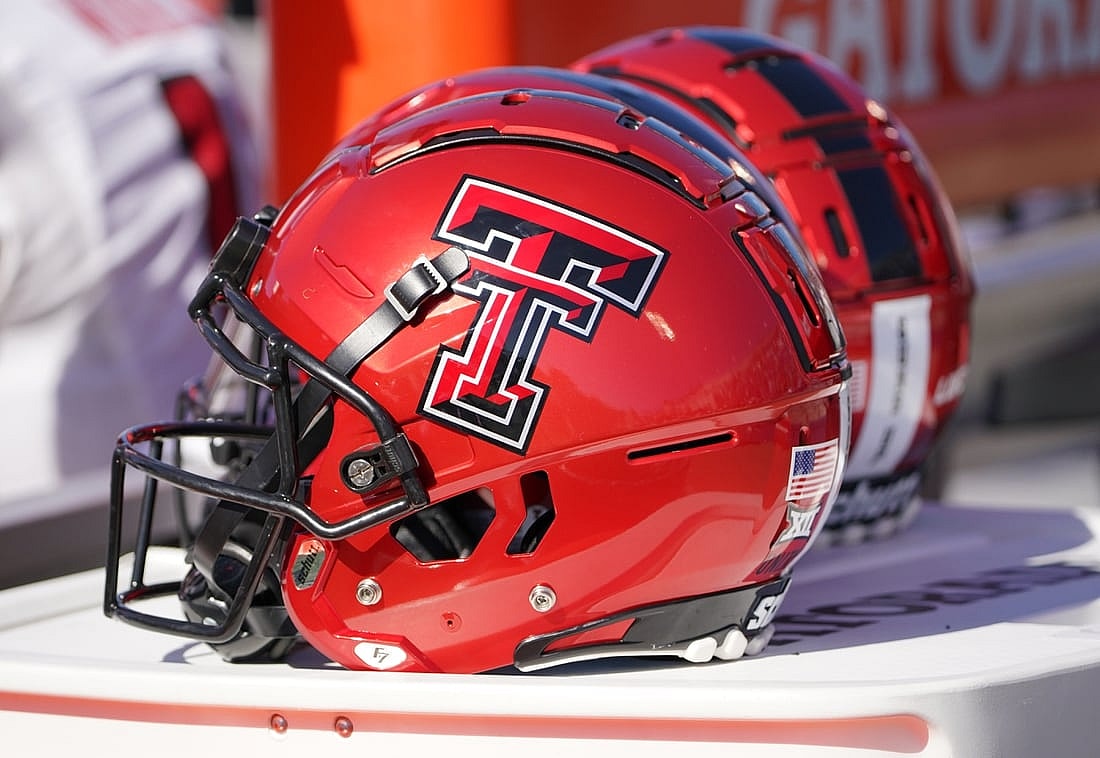 Oct 16, 2021; Lawrence, Kansas, USA; A general view of a Texas Tech Red Raiders helmet against the Kansas Jayhawks during the first half at David Booth Kansas Memorial Stadium. Mandatory Credit: Denny Medley-USA TODAY Sports