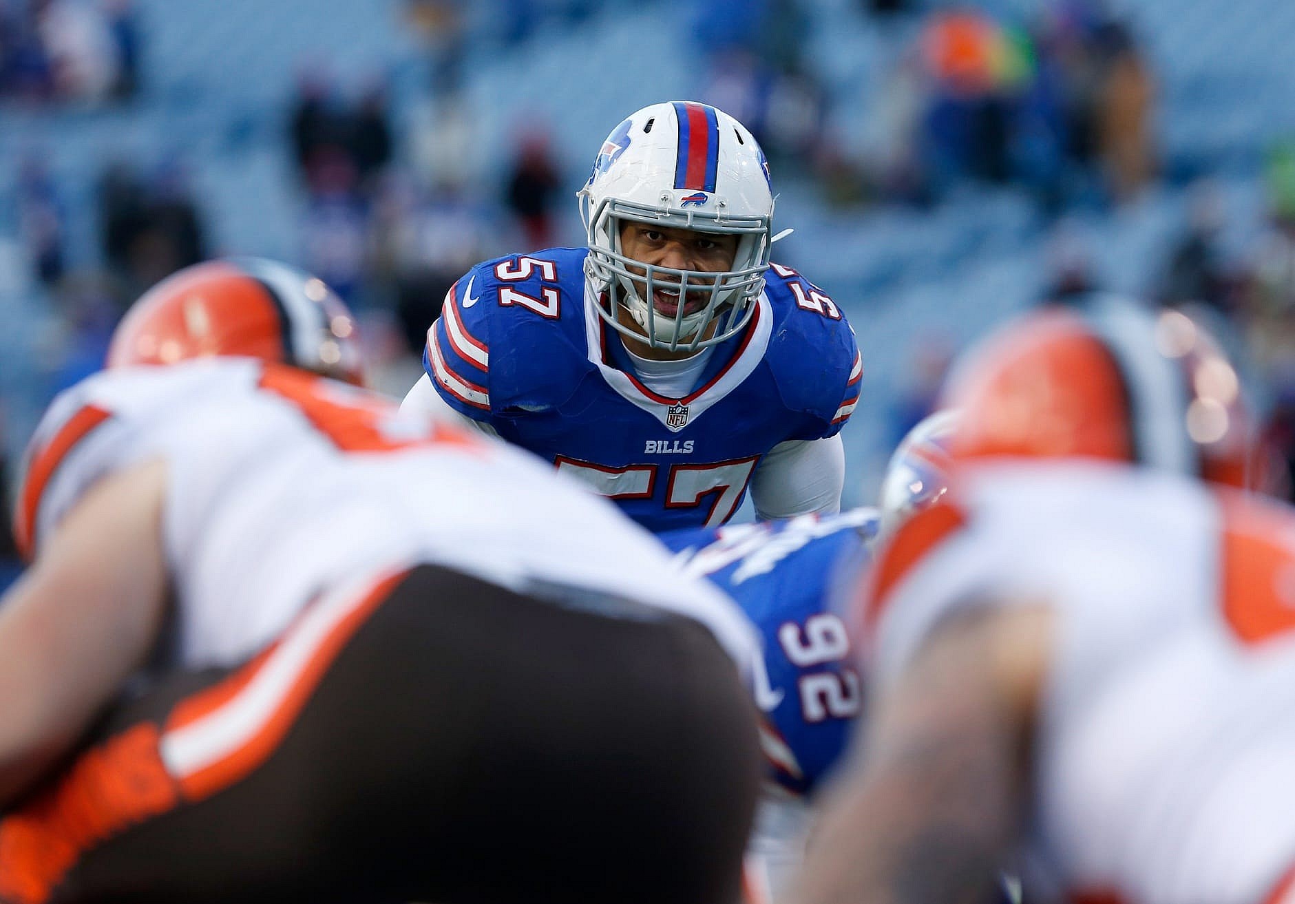 Dec 18, 2016; Orchard Park, NY, USA; Buffalo Bills outside linebacker Lorenzo Alexander (57) against the Cleveland Browns at New Era Field. Buffalo beats Cleveland 33 to 13. Mandatory Credit: Timothy T. Ludwig-USA TODAY Sports