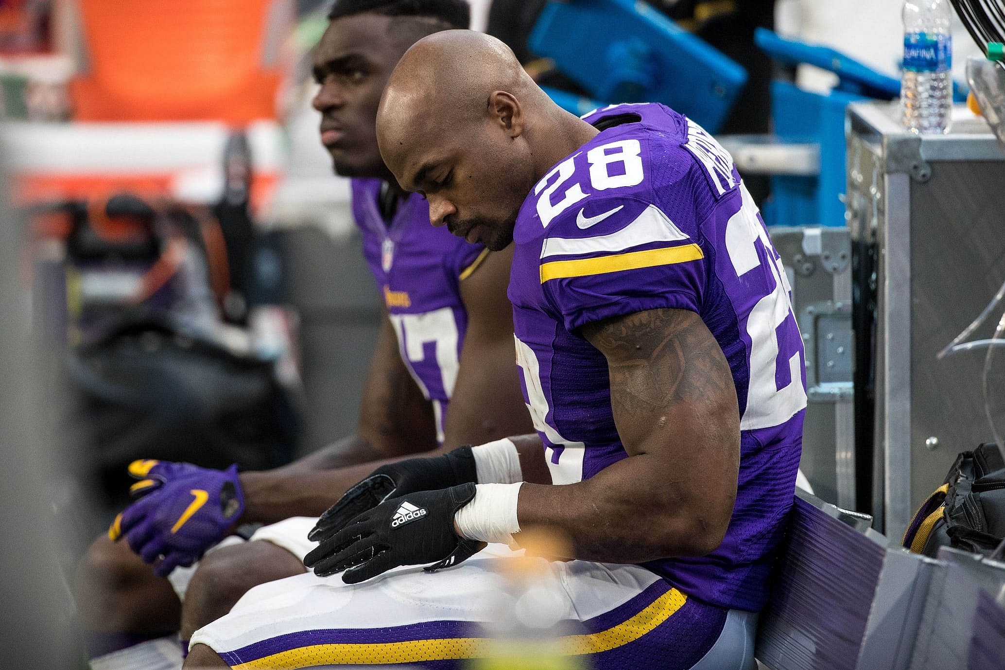 Dec 18, 2016; Minneapolis, MN, USA; Minnesota Vikings running back Adrian Peterson (28) looks on during the fourth quarter against the Indianapolis Colts at U.S. Bank Stadium. The Colts defeated the Vikings 34-6. Mandatory Credit: Brace Hemmelgarn-USA TODAY Sports