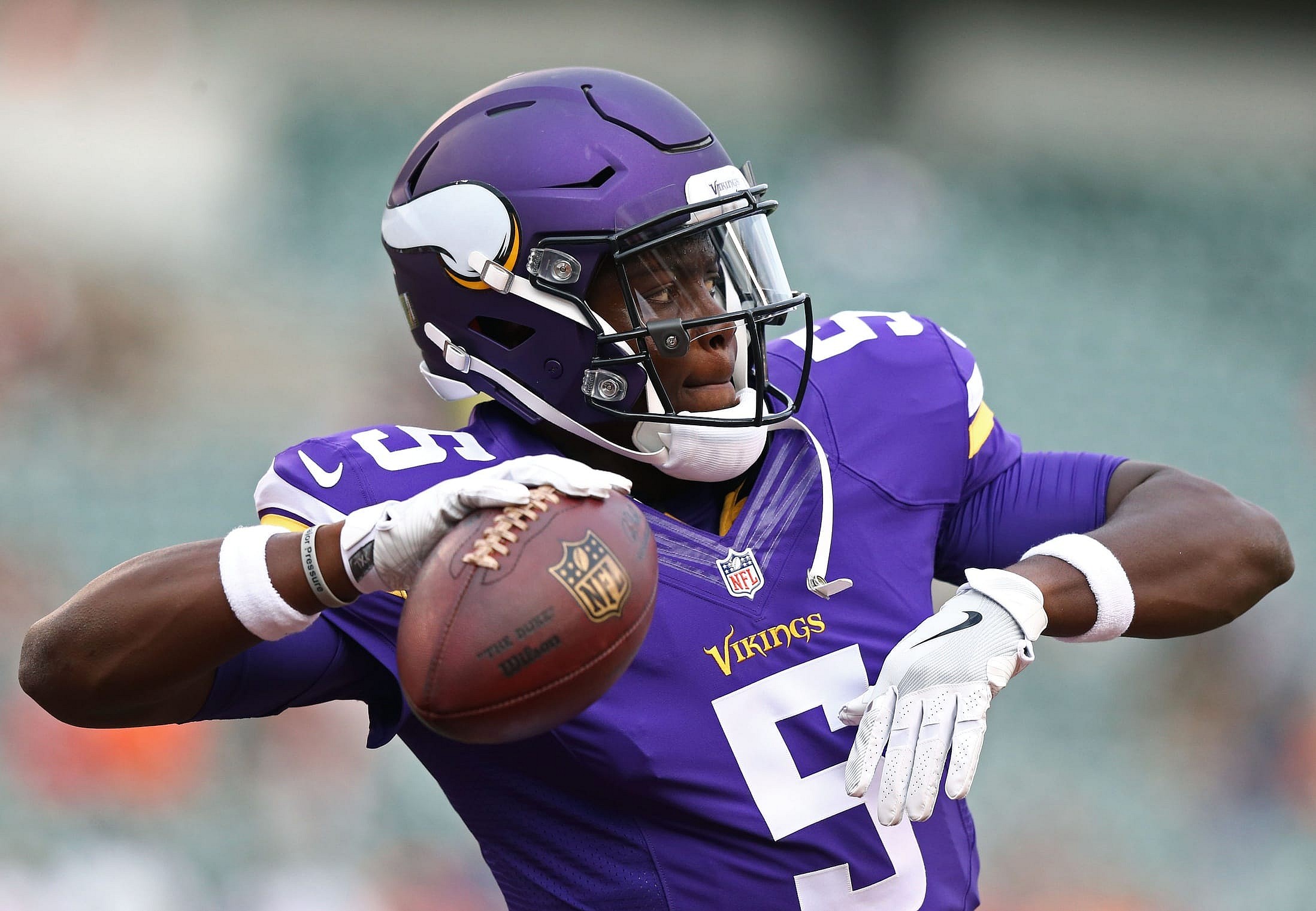 Aug 12, 2016; Cincinnati, OH, USA; Minnesota Vikings quarterback Teddy Bridgewater (5) warms up prior to the game against the Cincinnati Bengals, in a preseason NFL football game at Paul Brown Stadium. Mandatory Credit: Aaron Doster-USA TODAY Sports 