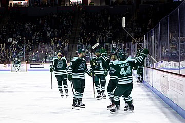 The Boston Fleet celebrate after a goal against the Vancouver Goldeneyes.