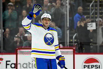 Dec 13, 2023; Denver, Colorado, USA; Buffalo Sabres defenseman Erik Johnson (6) waves to the Colorado Avalanche fans during the first period at Ball Arena. Mandatory Credit: Ron Chenoy-USA TODAY Sports