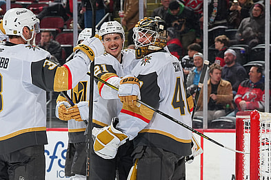 The Vegas Golden Knights celebrate Akira Schmid's shutout against the New Jersey Devils 12/5/2025 (Photo/Screenshot- Vegas Golden Knights via Twitter)