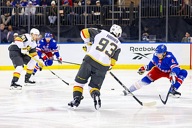 NEW YORK, NY - DECEMBER 07: Mitch Marner #93 of the Vegas Golden Knights sets up Brett Howden #21 of the Vegas Golden Knights for a goal during the first period of the National Hockey League game between the Vegas Golden Knights and the New York Rangers on December 7, 2025 at Madison Square Garden in New York, NY. (Photo by Joshua Sarner/Icon Sportswire)