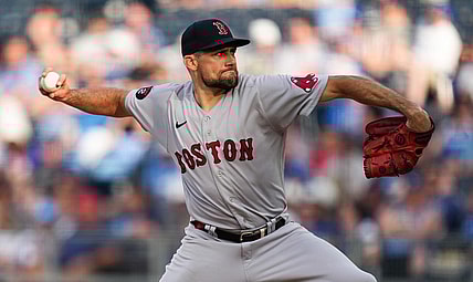 Aug 6, 2022; Kansas City, Missouri, USA; Boston Red Sox starting pitcher Nathan Eovaldi (17) pitches against the Kansas City Royals during the second inning at Kauffman Stadium. Mandatory Credit: Jay Biggerstaff-USA TODAY Sports