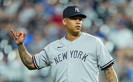 Sep 30, 2023; Kansas City, Missouri, USA; New York Yankees starting pitcher Frankie Montas (47) during the sixth inning against the Kansas City Royals at Kauffman Stadium. Mandatory Credit: Jay Biggerstaff-USA TODAY Sports
