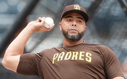 Jun 27, 2023; Pittsburgh, Pennsylvania, USA;  San Diego Padres designated hitter Nelson Cruz  (32) warms up  before the game against the Pittsburgh Pirates at PNC Park. Mandatory Credit: Charles LeClaire-USA TODAY Sports