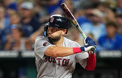 Aug 5, 2022; Kansas City, Missouri, USA; Boston Red Sox first baseman Eric Hosmer (35) bats against the Kansas City Royals during the sixth inning at Kauffman Stadium. Mandatory Credit: Jay Biggerstaff-USA TODAY Sports