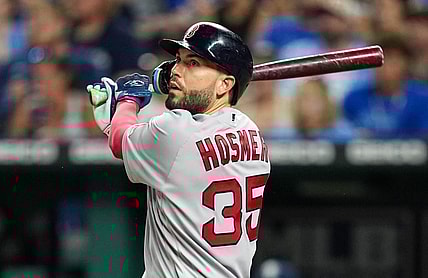 Aug 5, 2022; Kansas City, Missouri, USA; Boston Red Sox first baseman Eric Hosmer (35) bats against the Kansas City Royals during the sixth inning at Kauffman Stadium. Mandatory Credit: Jay Biggerstaff-USA TODAY Sports