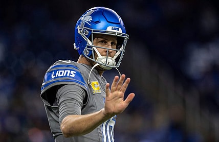 Detroit Lions quarterback Jared Goff waves during pregame warmups before the start of the game against the Minnesota Vikings at Ford Field in Detroit on Sunday, Jan. 7, 2024.