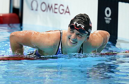 Jul 31, 2021; Tokyo, Japan; Katie Ledecky (USA) reacts after winning the women's 800m freestyle final during the Tokyo 2020 Olympic Summer Games at Tokyo Aquatics Centre. Mandatory Credit: Grace Hollars-USA TODAY Sports