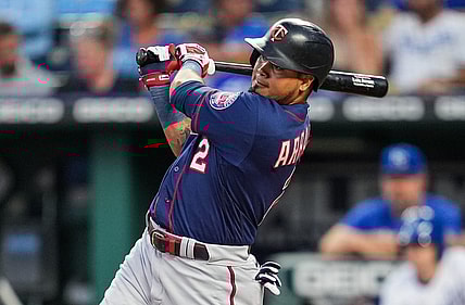 Sep 20, 2022; Kansas City, Missouri, USA; Minnesota Twins designated hitter Luis Arraez (2) bats against the Kansas City Royals during the first inning at Kauffman Stadium. Mandatory Credit: Jay Biggerstaff-USA TODAY Sports