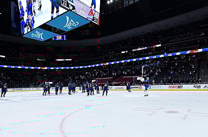 May 13, 2021; Denver, Colorado, USA; Members of the Colorado Avalanche celebrate defeating the Los Angeles Kings at Ball Arena. Mandatory Credit: Ron Chenoy-USA TODAY Sports