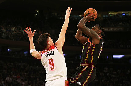 Mar 18, 2022; New York, New York, USA; New York Knicks forward Julius Randle (30) takes a shot against Washington Wizards forward Deni Avdija (9) during the second half at Madison Square Garden. Mandatory Credit: Andy Marlin-USA TODAY Sports