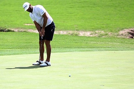 May 13, 2023; Tulsa, Oklahoma, USA; Dustin Johnson watches his putt during the second round of a LIV Golf event at Cedar Ridge Country Club. Mandatory Credit: Joey Johnson-USA TODAY Sports