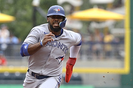 Sep 4, 2022; Pittsburgh, Pennsylvania, USA;  Toronto Blue Jays Toronto Blue Jays right fielder Teoscar Hernandez (37) runs from first base to third base against the Pittsburgh Pirates during the seventh inning at PNC Park. Mandatory Credit: Charles LeClaire-USA TODAY Sports