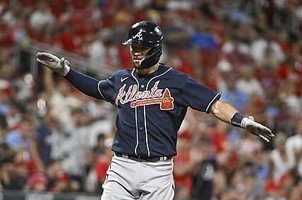 Aug 28, 2022; St. Louis, Missouri, USA;  Atlanta Braves shortstop Dansby Swanson (7) reacts after hitting a go ahead three run home run against the St. Louis Cardinals during the seventh inning at Busch Stadium. Mandatory Credit: Jeff Curry-USA TODAY Sports
