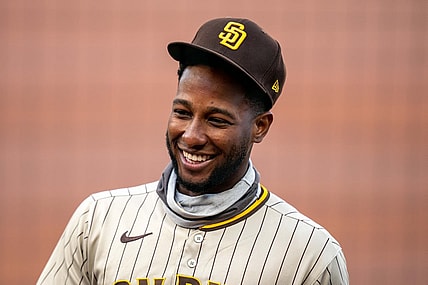 September 26, 2020; San Francisco, California, USA; San Diego Padres right fielder Jurickson Profar (10) before the game against the San Francisco Giants at Oracle Park. Mandatory Credit: Kyle Terada-USA TODAY Sports