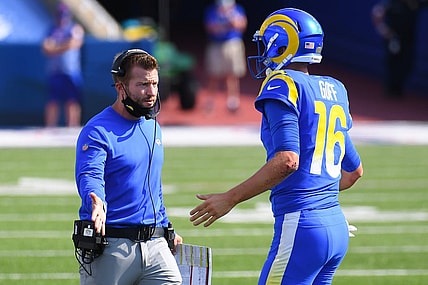 Sep 27, 2020; Orchard Park, New York, USA; Los Angeles Rams head coach Sean McVay greets quarterback Jared Goff (16) following his touchdown run against the Buffalo Bills during the third quarter at Bills Stadium. Mandatory Credit: Rich Barnes-USA TODAY Sports